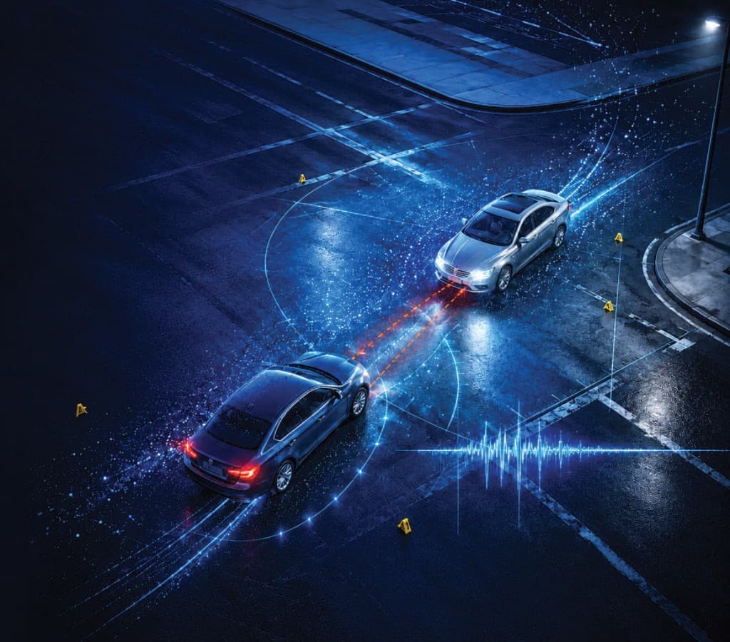 Forensic visualization of a complex collision scene with digital reconstruction overlays